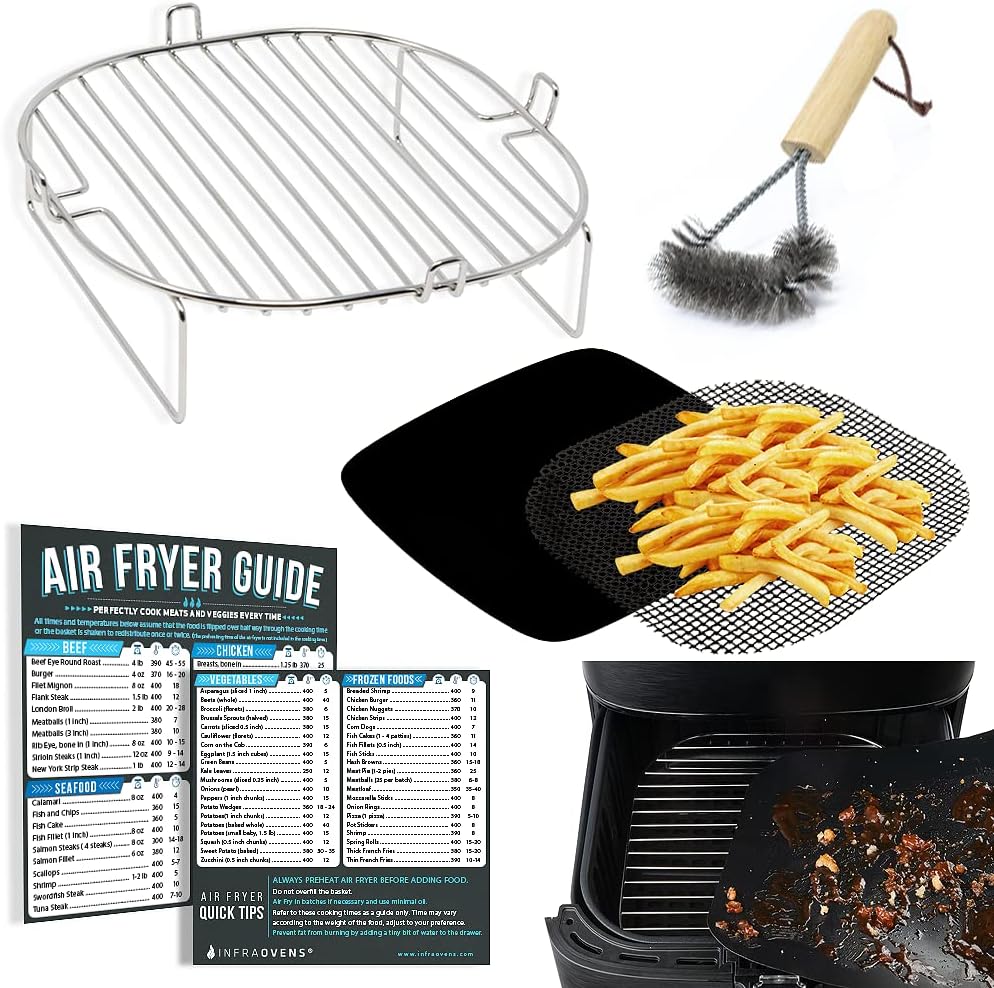Air Fryer Accessories Set with Stainless Steel Rack and Wire Brush, Air Frying Cheat Sheet Guides, Reusable Liners, Compatible with Ninja Foodi, Nuwave® Brio, Power and More