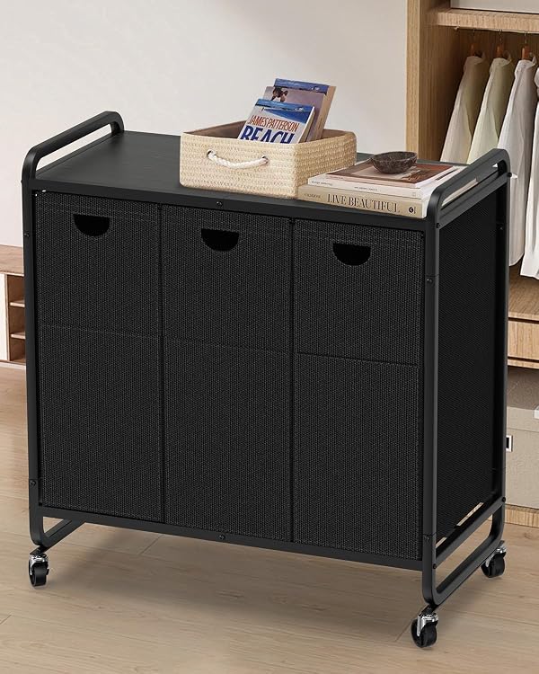 Laundry Sorter 3 Section,Laundry Basket with Wheels,3×15.8 Gal (60L) Laundry Hamper Organizer with Large Wooden Desktop Sorter,Pull-Out and Removable Laundry Bags (Black, 3 Bags - 180L) by Elowen - Image 9