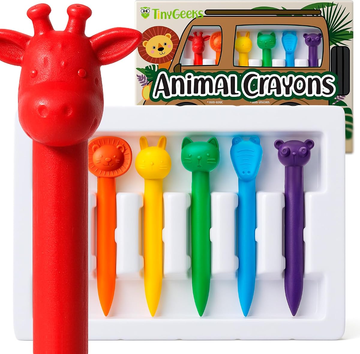 TinyGeeks 6 Animal Shaped Crayons - Non Toxic Crayons for Toddlers - Washable - Perfect for Kids Ages 4-8 - Easy To Hold - Enjoy your Little Safari
