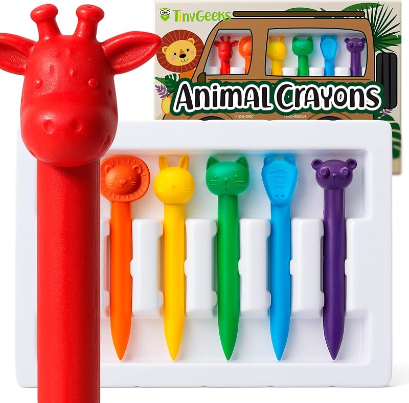 TinyGeeks 6 Animal Shaped Crayons - Non Toxic Crayons for Toddlers - Washable - Perfect for Kids Ages 4-8 - Easy To Hold - Enjoy your Little Safari