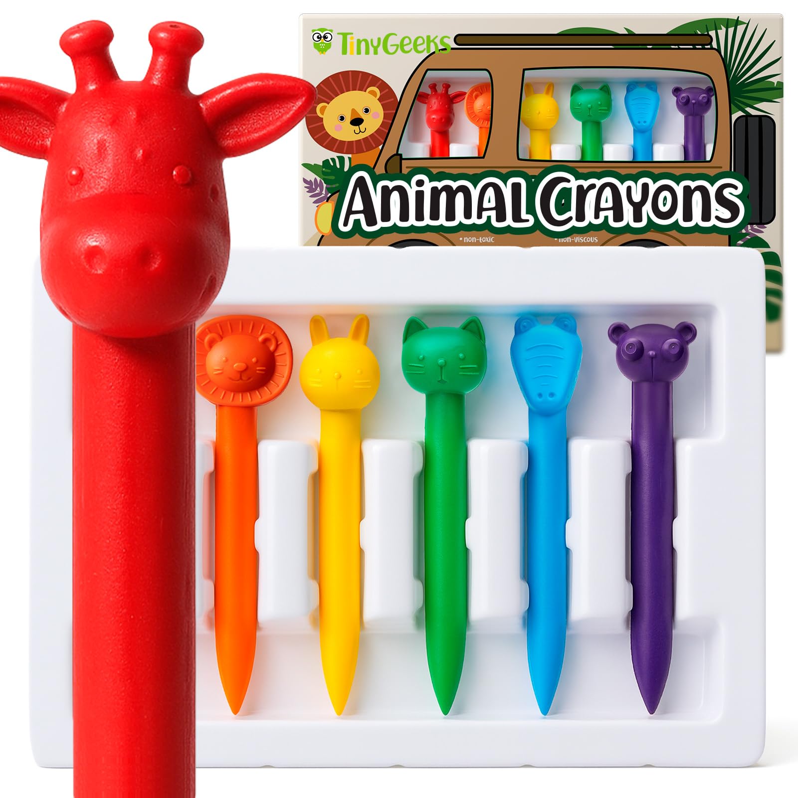 TinyGeeks 6 Animal Shaped Crayons - Non Toxic Crayons for Toddlers - Washable - Perfect for Kids Ages 4-8 - Easy To Hold - Enjoy your Little Safari