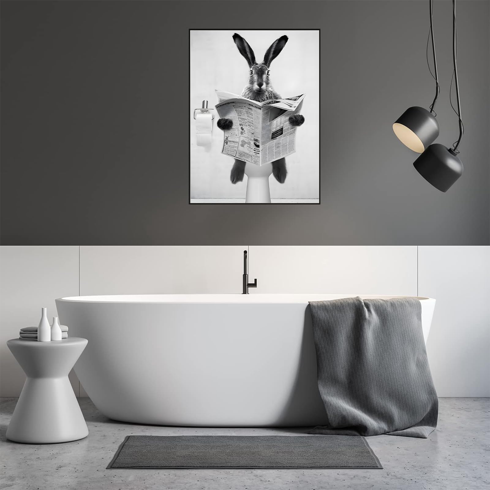 Cute Newspaper Animal Wall Art Black and White Canvas Printed Cabin Bathroom Decoration Bath Wall Picture Frameless (Rabbit - Image 4