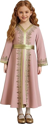 OBEEII Girls Muslim Ramadan Abaya Kids Long Sleeve V Neck Lace Prayer Dress Middle East Arabic Kaftan Dress with Belt