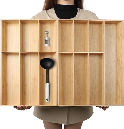 Juego de 2 organizadores de cajones de bambú extra grandes en forma de V, bandeja de cubiertos de cocina, caja de almacenamiento de cubiertos y