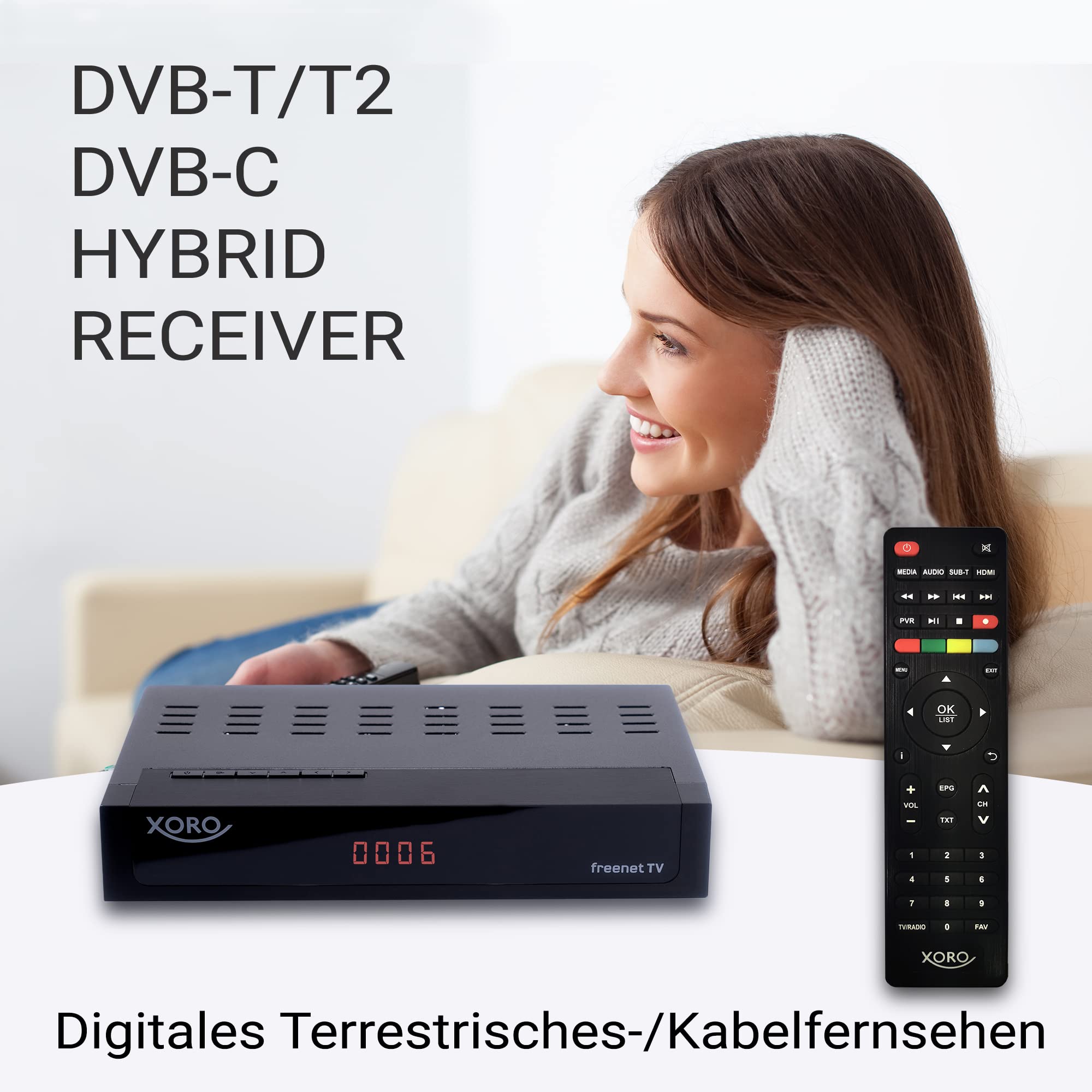 XORO HRT 8770 Twin - DVB-C/DVB-T2 FullHD Combo, zintegrowany system odszyfrowywania telewizji Freenet, podwójny tuner (dwa elementy odbiorcze), gotowość PVR, przesunięcie czasu