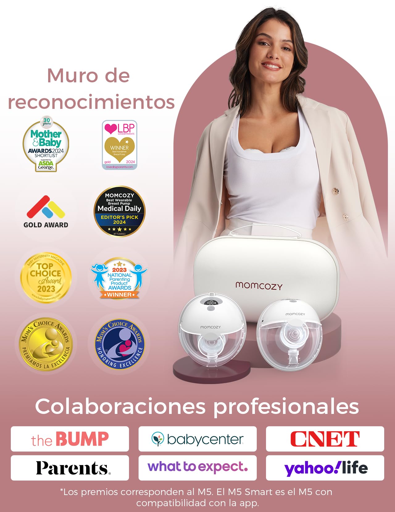 Momcozy Smart Sacaleches Eléctrico Portátil, Manos Libres con App, 3 Modos & 9 Niveles, Embudo Ajustable 17-24mm, Libre de BPA, Ultra Ligero y Discreto