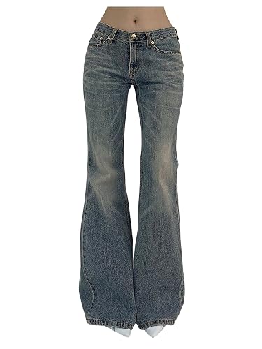 SOLY HUX Women's Low Rise Flare Leg Stretchy Denim Pants Y2k Going Out Bell Bottom Jeans