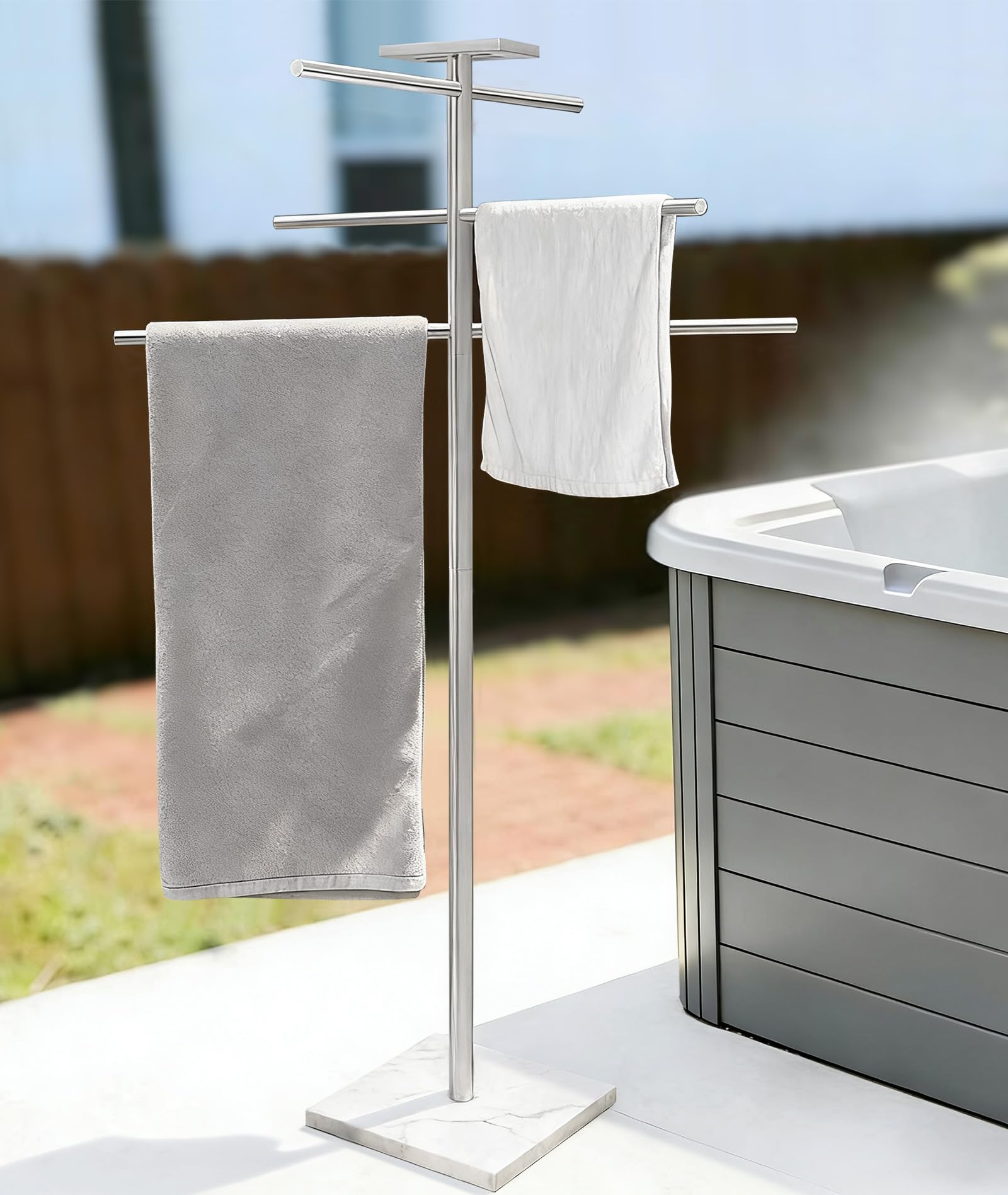 EADOT Marble Base Hot Tub Towel Rack for Spa, 304 Stainless Steel 6 Arms Standing Towel Holder with Tray for Swimming Pool Indoor or Outdoor Towel