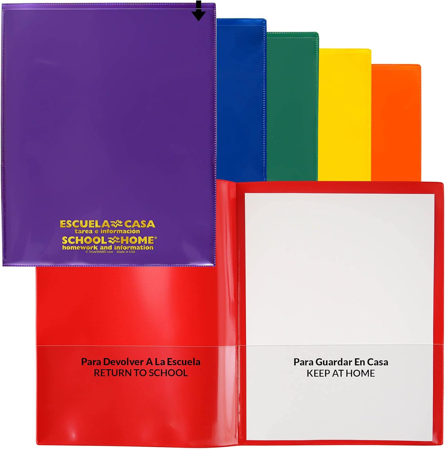 StoreSMART® - Plastic School/Home 2-Pocket Folders - Spanish/English - Primary Colors 48-Pack - 8 Each of 6 Bright Colors - Made in U.S.A - (SH900PCP48SPAN)