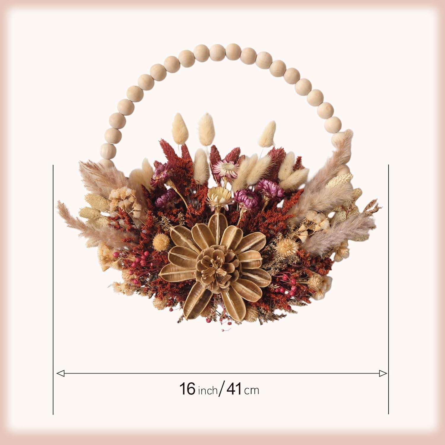 16 Inches idyllic Wood Bead Wreaths for Front Door, Farmhouse Fall Harvest Thanksgiving Wreath, Fall Wall Kitchen Cabinet Decorations, Purple Chrysanthemums Lantana - Image 3