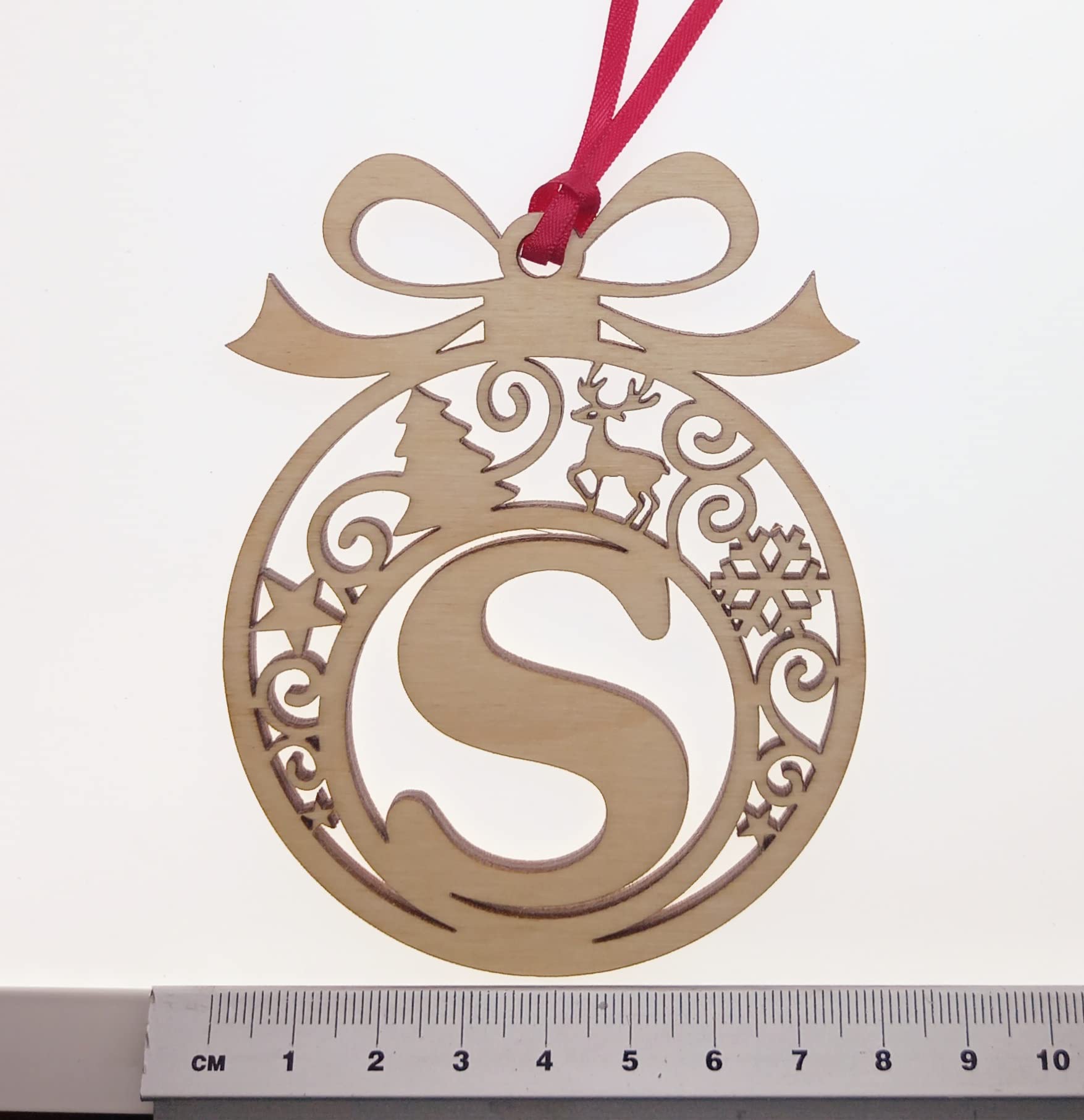 Personalised Christmas tree bauble decoration pendant ornament: Letter S, Natural Wood, Small - Image 3