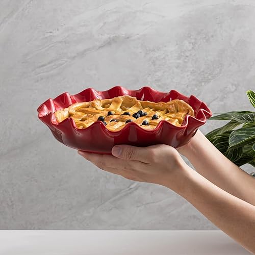 Miniatura 5 de Fun Elements - Molde de cerámica para tartas de 9 pulgadas de profundidad, plato con volantes para hornear, plato antiadherente para tarta de