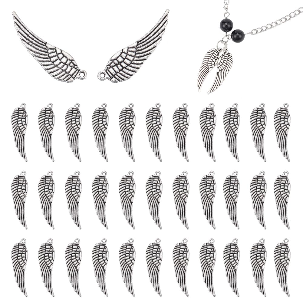 PH PandaHall 80pcs Angel Wing Pendants, Tibetan Style Feather Angel Wings Charms Double-Sided Easter Antique Silver Dangle Wing Charms for Bracelet Necklace Earring Jewellery Making