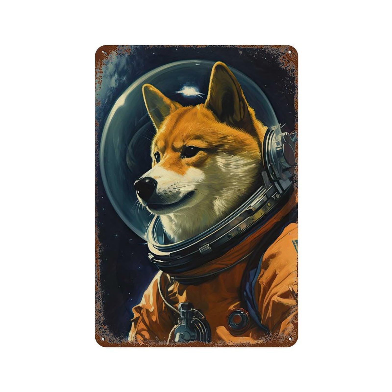 Garage Style Shiba Inu The Astronaut Rust Effect Tin Sign 11.8"x7.9", Farmhouse Wall Decor for Bar And Workshop