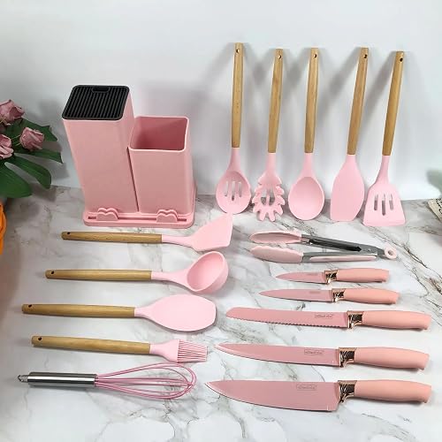 Pink Silicone Kitchen Utensil and Knife Set with Storage Block