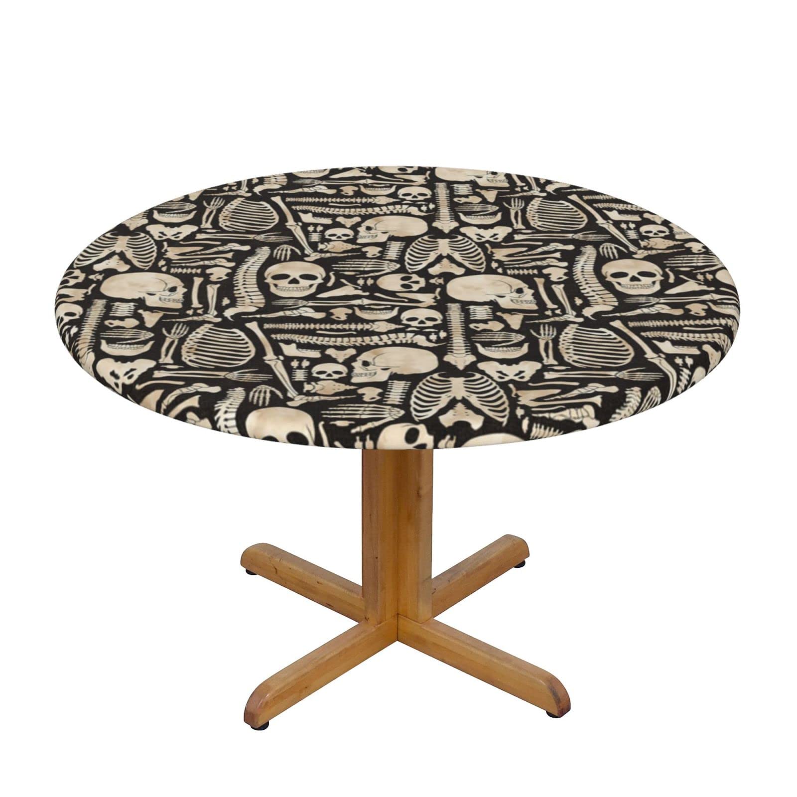 Lsjuee Round Fitted Tablecloth 40-44in Elastic Edged Table Cloth for Kitchen Dining Party Home Decor - Skulls Skeleton Death