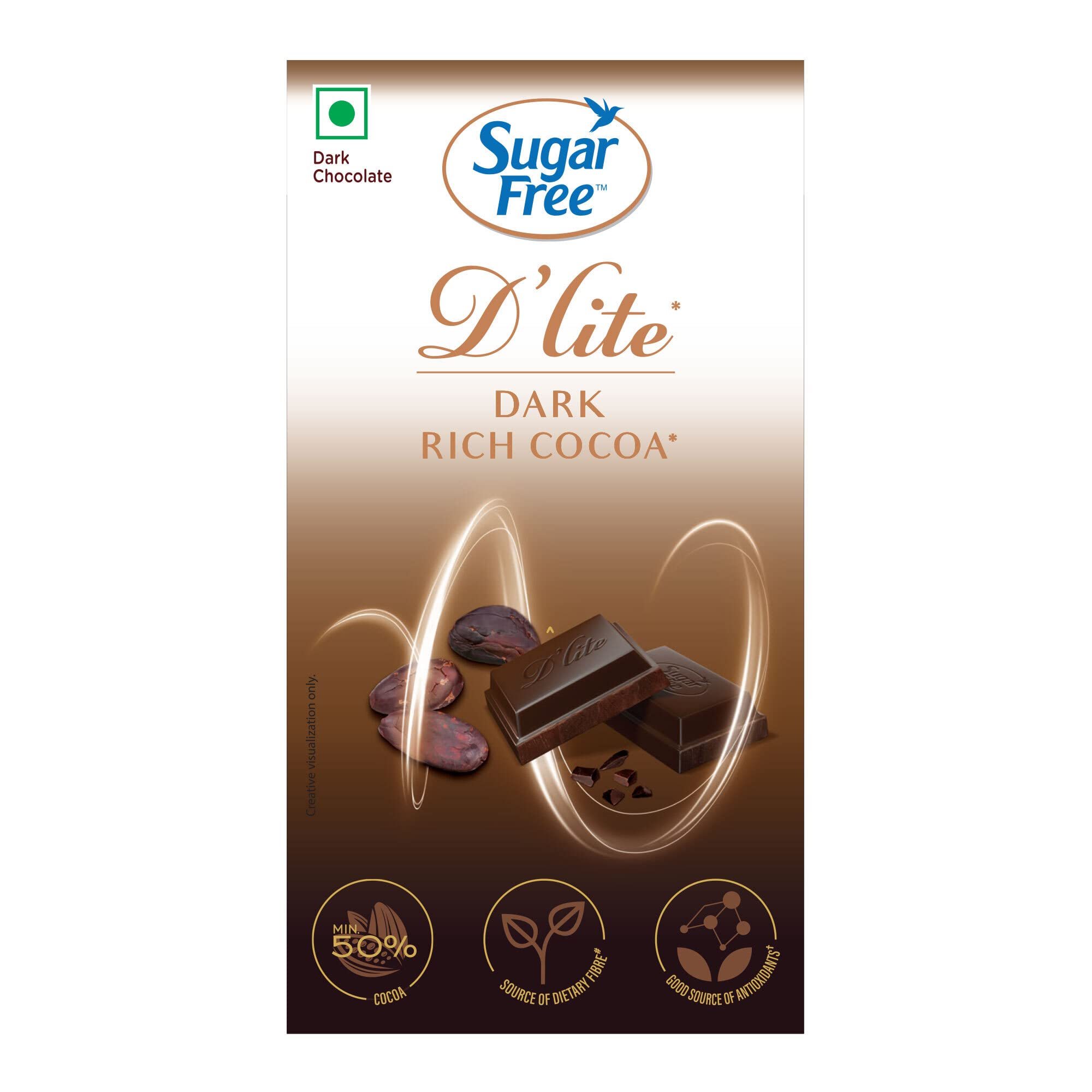 Sugar Free D'lite Dark Chocolate | Rich Cocoa Dark Chocolate Bar | Pack Of 1 (40Gm) | No Added Sugar | Keto Friendly & Vegan | Gluten Free | Guilt Free Extreme Delight With 100% Cocoa