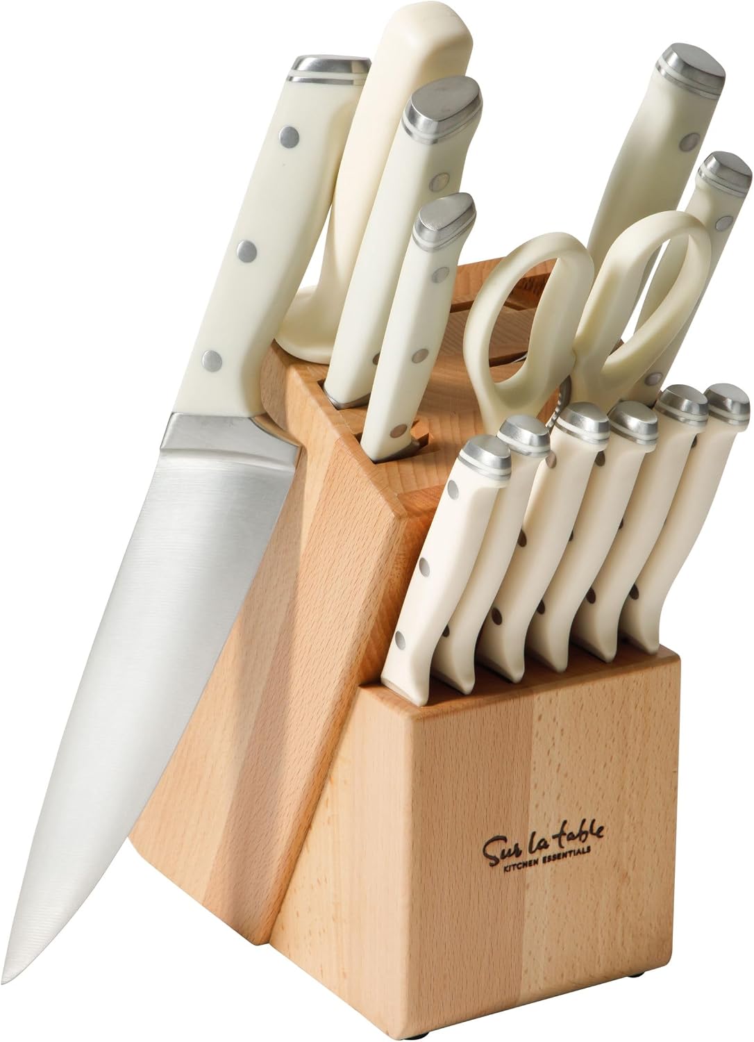 Sur La Table Kitchen Essentials Knife Set with Block, 14-Piece Forged German Steel Kitchen Knives, Beech Wood Block, Chef, Santoku, Bread & Steak Knives, Shears & Sharpener – Linen White