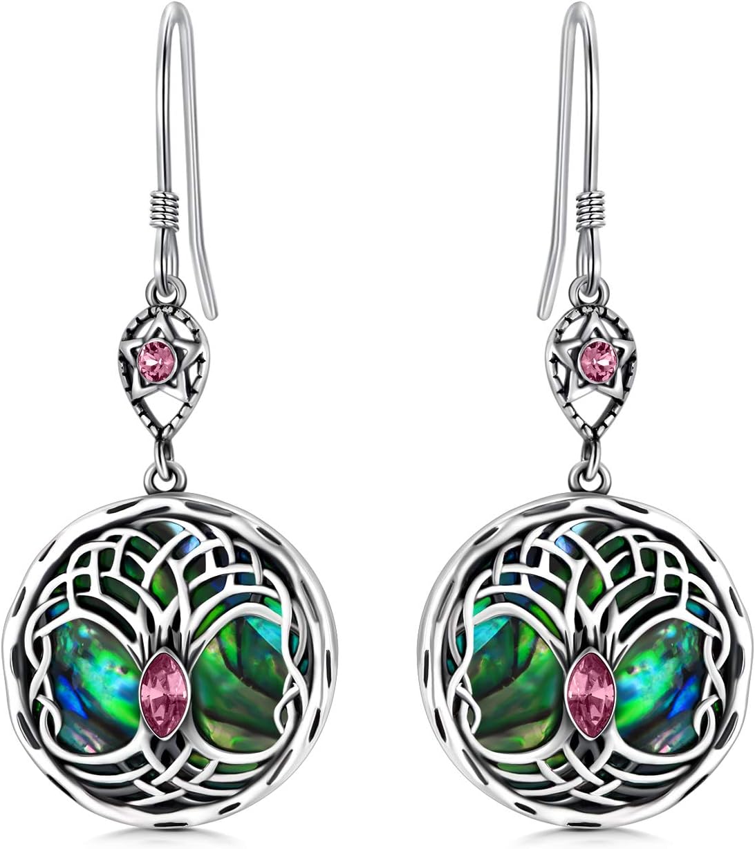 Celtic Tree of Life Earrings Sterling Silver Family Tree Dangle Drop Earrings with Birthstone Crystals, Birthday Jewelry Gifts for Women Her