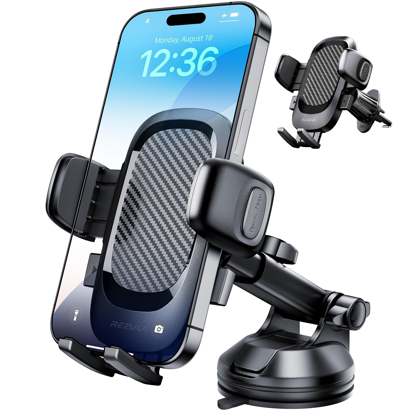 REEVAA Military-Grade Phone Holder for Car [Ultra Stable & Super Sturdy] Cell Phone Mount Dashboard Windshield Air Vent, Truck Dash Mount for iPhone 16 15 14 Pro Max Samsung Galaxy S24 S25, Black