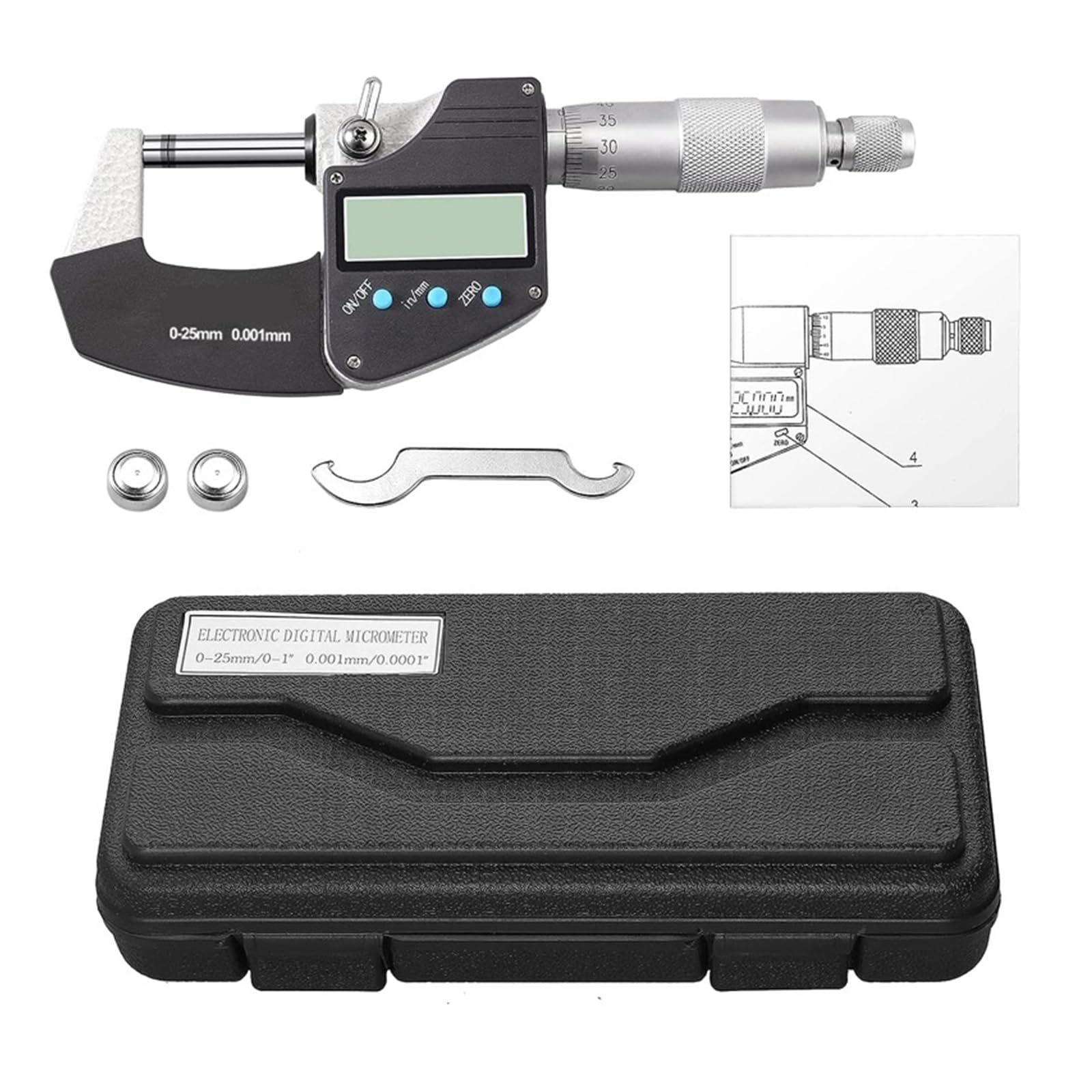 Micrómetro, Micrómetro digital de 0 a 25 mm con línea e electrónico exterior Calibre micrométrico,001
