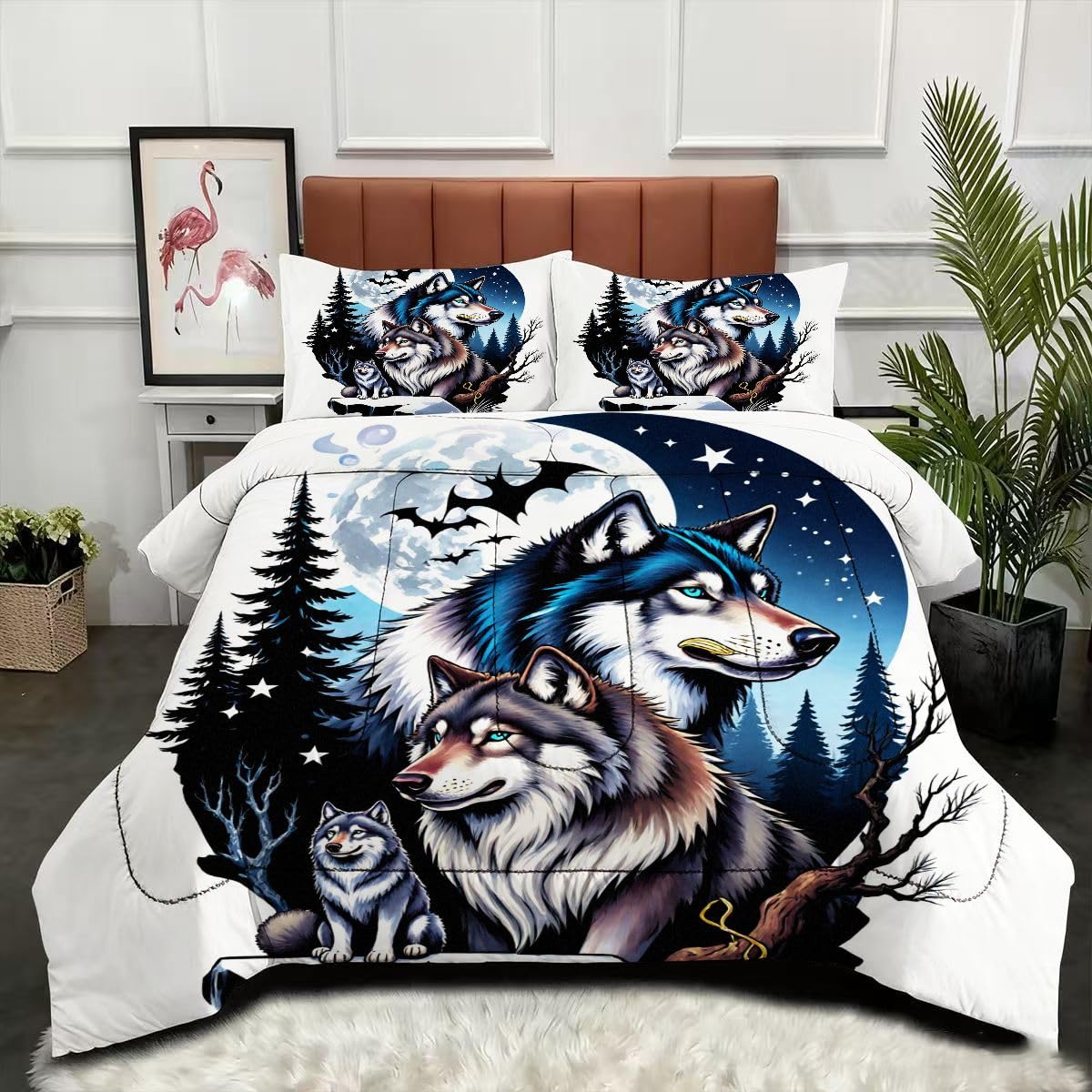 Couette réversible sans housse motif loup animal pour un lit 2 personnes douillet