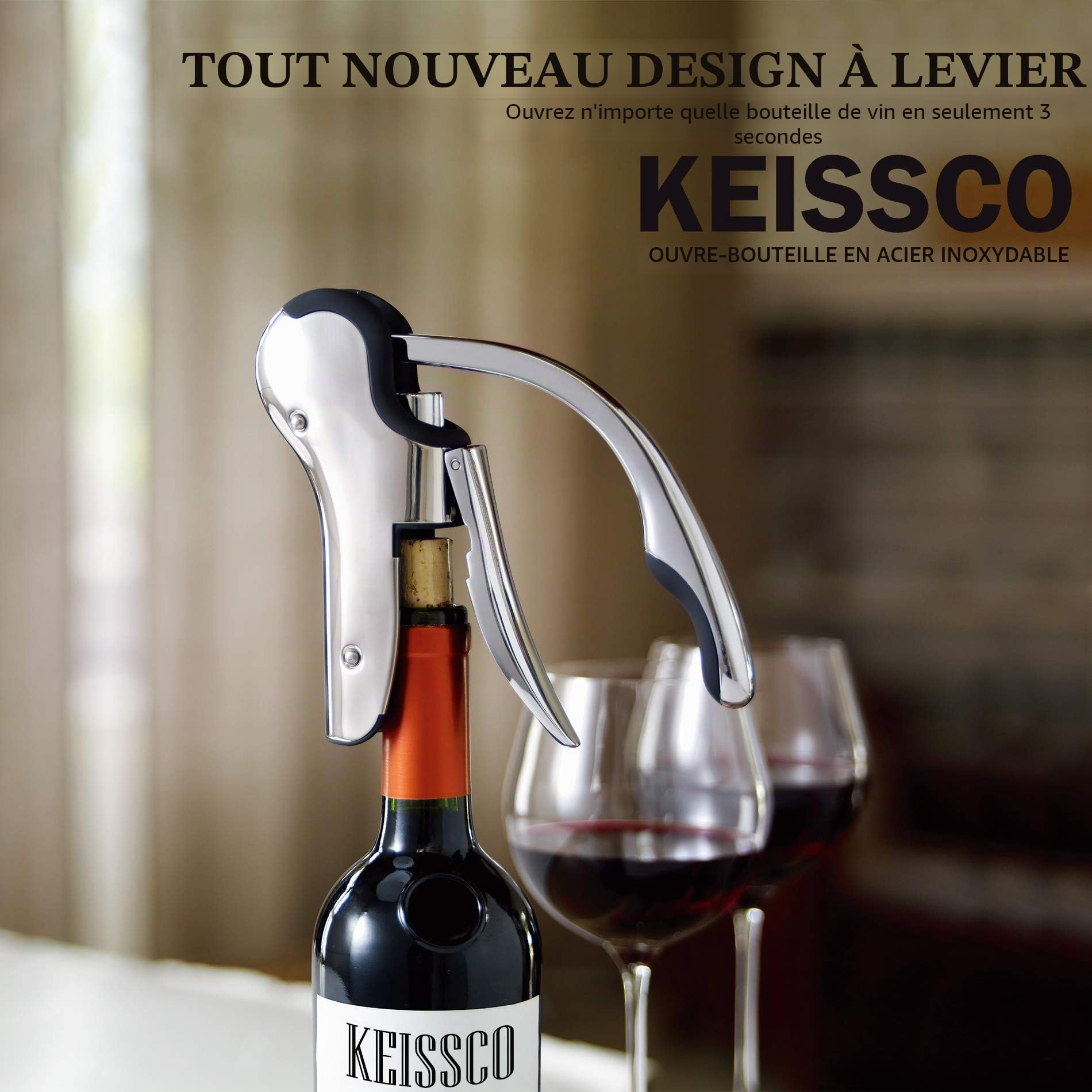 Keissco Tire-bouchon compact à levier vertical en acier inoxydable avec coupe-capsule