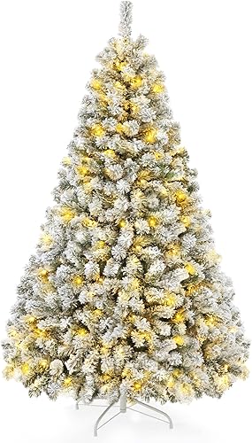Himimi Árbol de Navidad nevado con luces, árbol artificial preiluminado de 6 pies con 250 luces blancas cálidas, 800 puntas de rama, soporte de