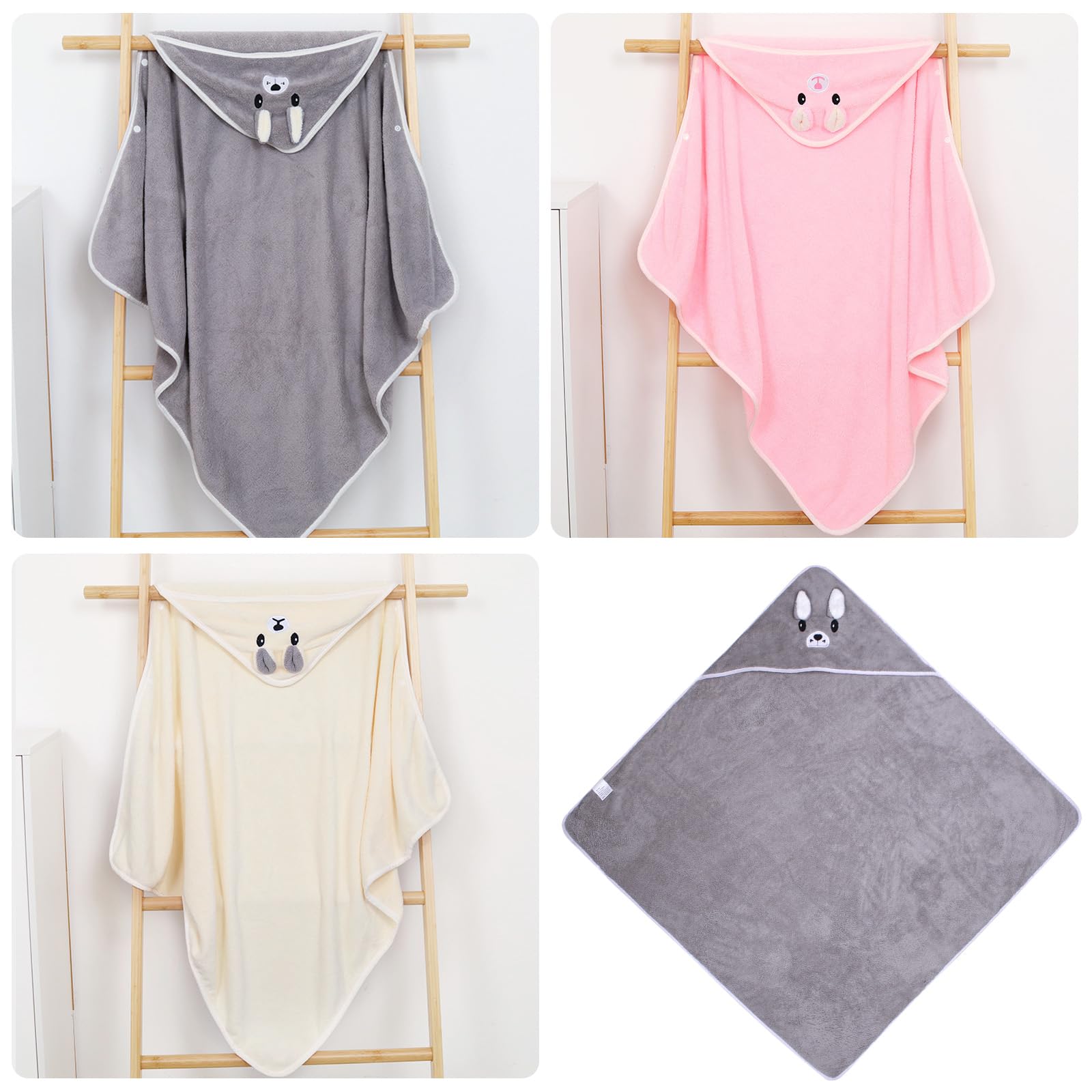 BORDEAG Cape De Bain 3 Pièces, Sortie De Bain Avec Capuche, Serviette Super Absorbante et Douce Avec Motif Adorable, 80 x 80 cm pour Bébé de 0 à 2 Ans