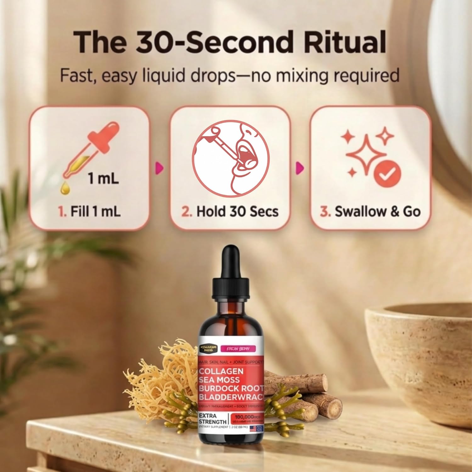 Collagen Mojo - Liquid Collagen for Women & Men, Collagen Peptides with Sea Moss, Burdock Root & Bladderwrack - Hair, Skin, Nails, Joint Support, Weight Management, High Absorption - 100,000mcg, 2 Oz