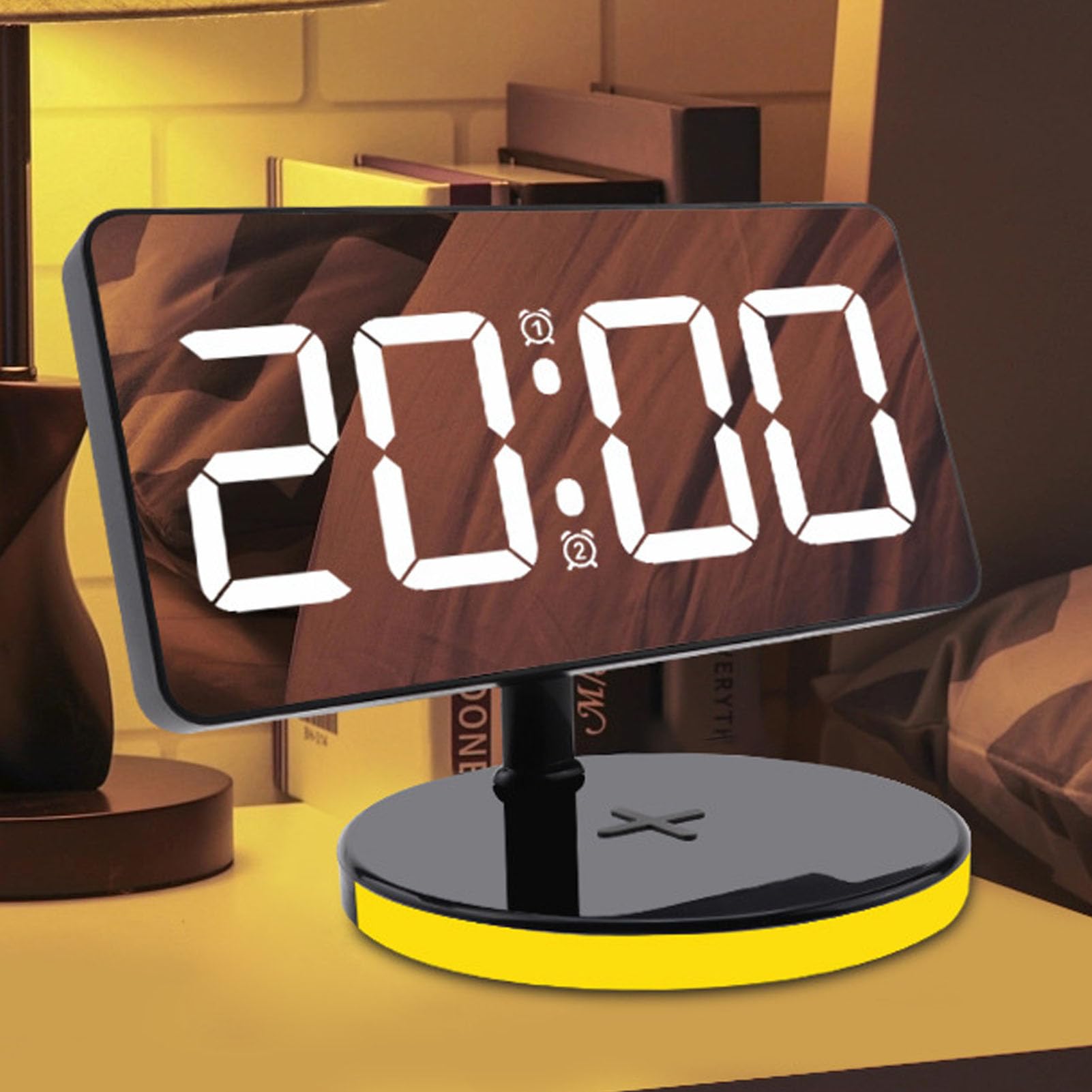 Reloj Despertador Digital, Pantalla de Espejo LED de 7,3 Pulgadas con Carga Inalámbrica, Luz Nocturna RGB, Brillo Ajustable, Repetición, Alarma Dual, para Mesita de Noche, Escritorio, Hogar