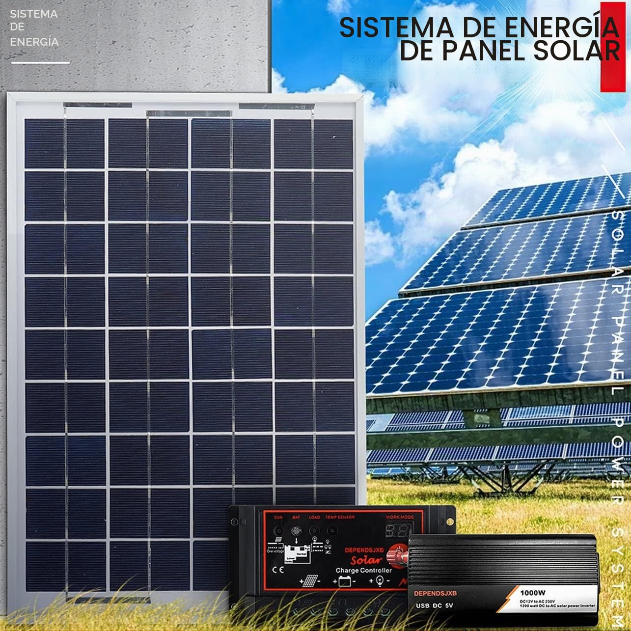 Sistema de Panel Solar 60A Controlador de Carga del Panel Solar Kit de inversor Solar 1000W Maleta de Panel Solar de generación de energía Completa - Negro (80402202M1)