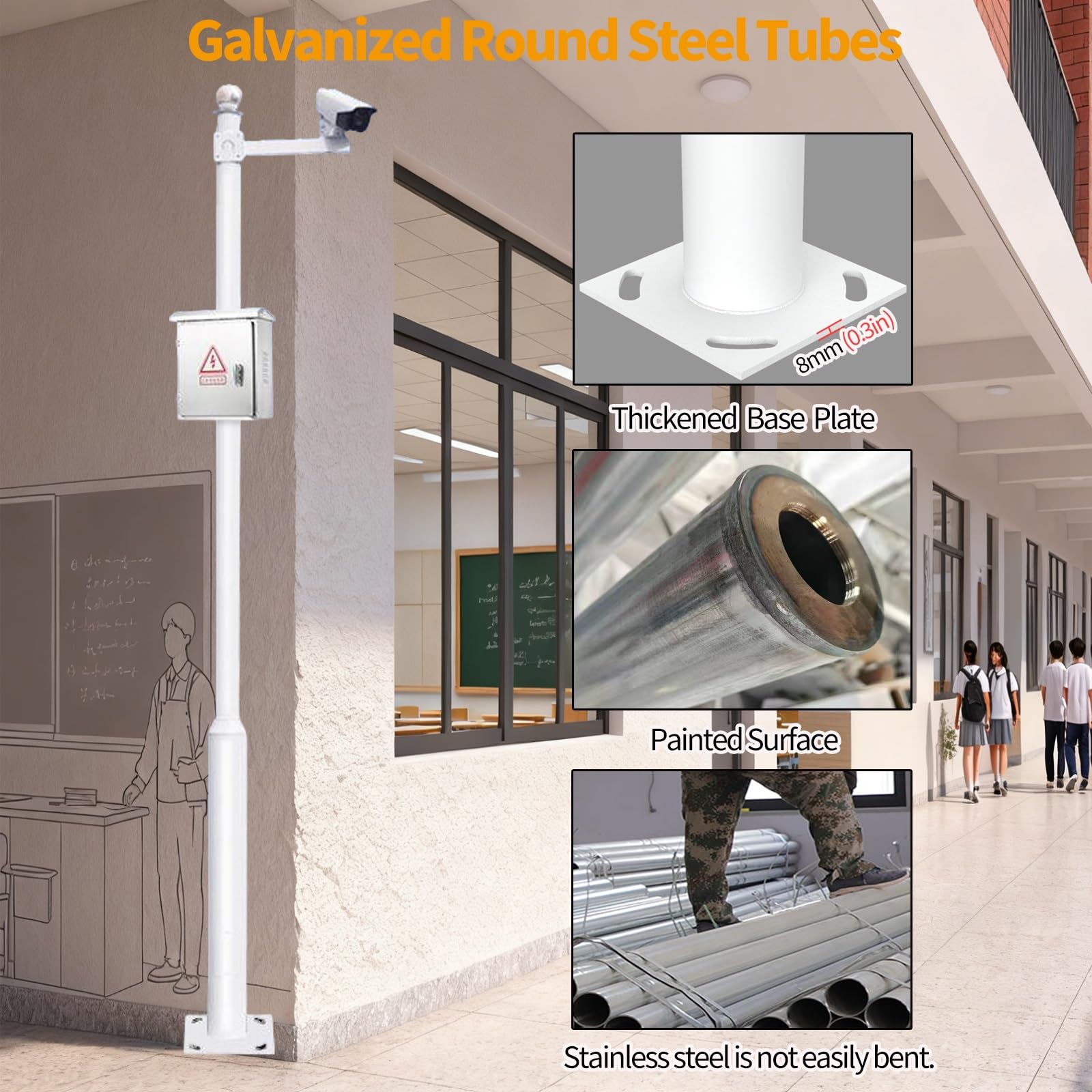 Poteau de caméra de sécurité robuste - Support de fixation facile de 2,5 m avec cage en acier pour la maison, le magasin et l'usine - Support de surveillance durable, résistant aux intempéri