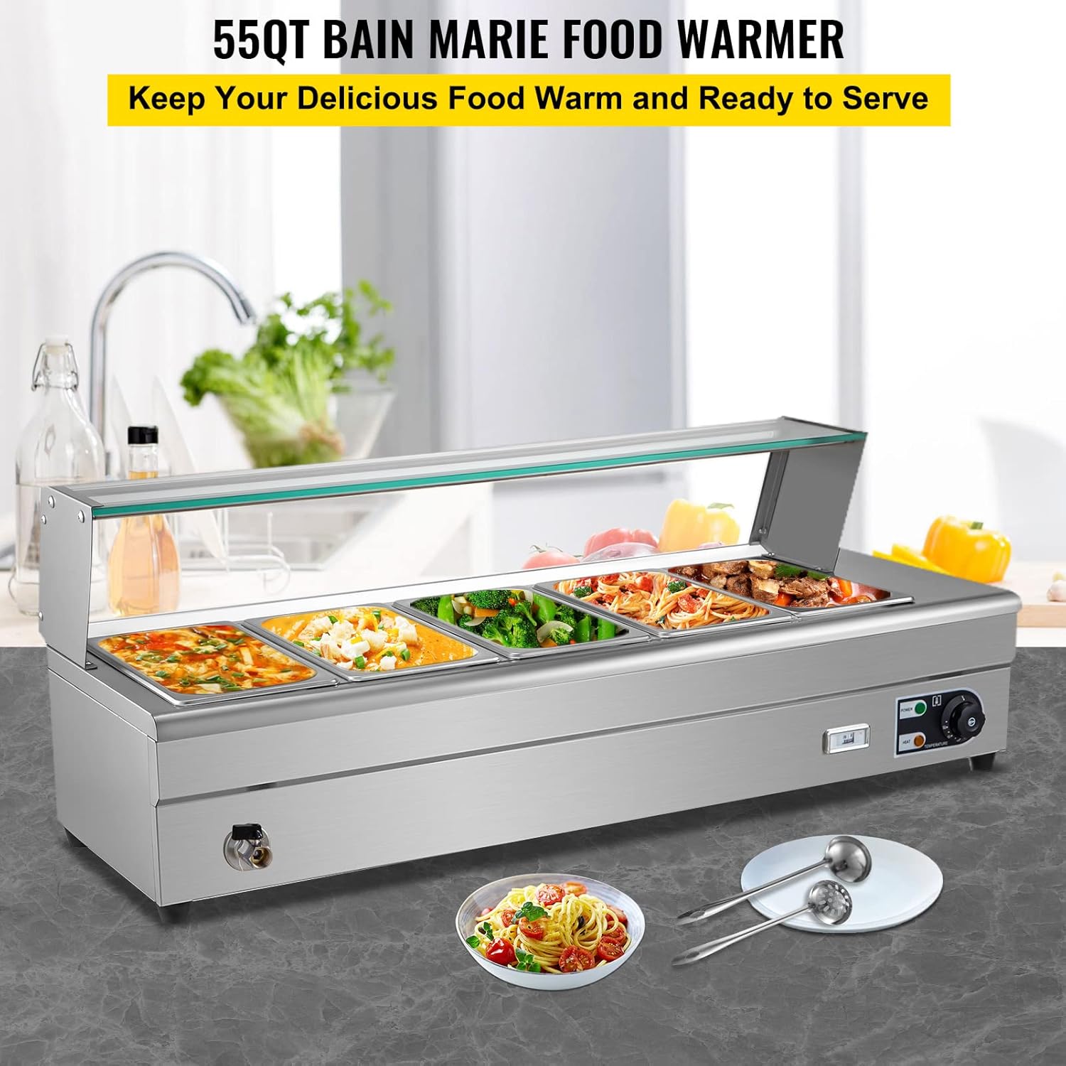 VEVOR Commercial Food Warmer, 5 x 1/2 Pans, 44 Qt Electric Bain Marie with 6" Deep Pans, Stainless Steel Steam Table with Tempered Glass Shield, 1500W Countertop Buffet Warmer with Lids & Ladles, 110V