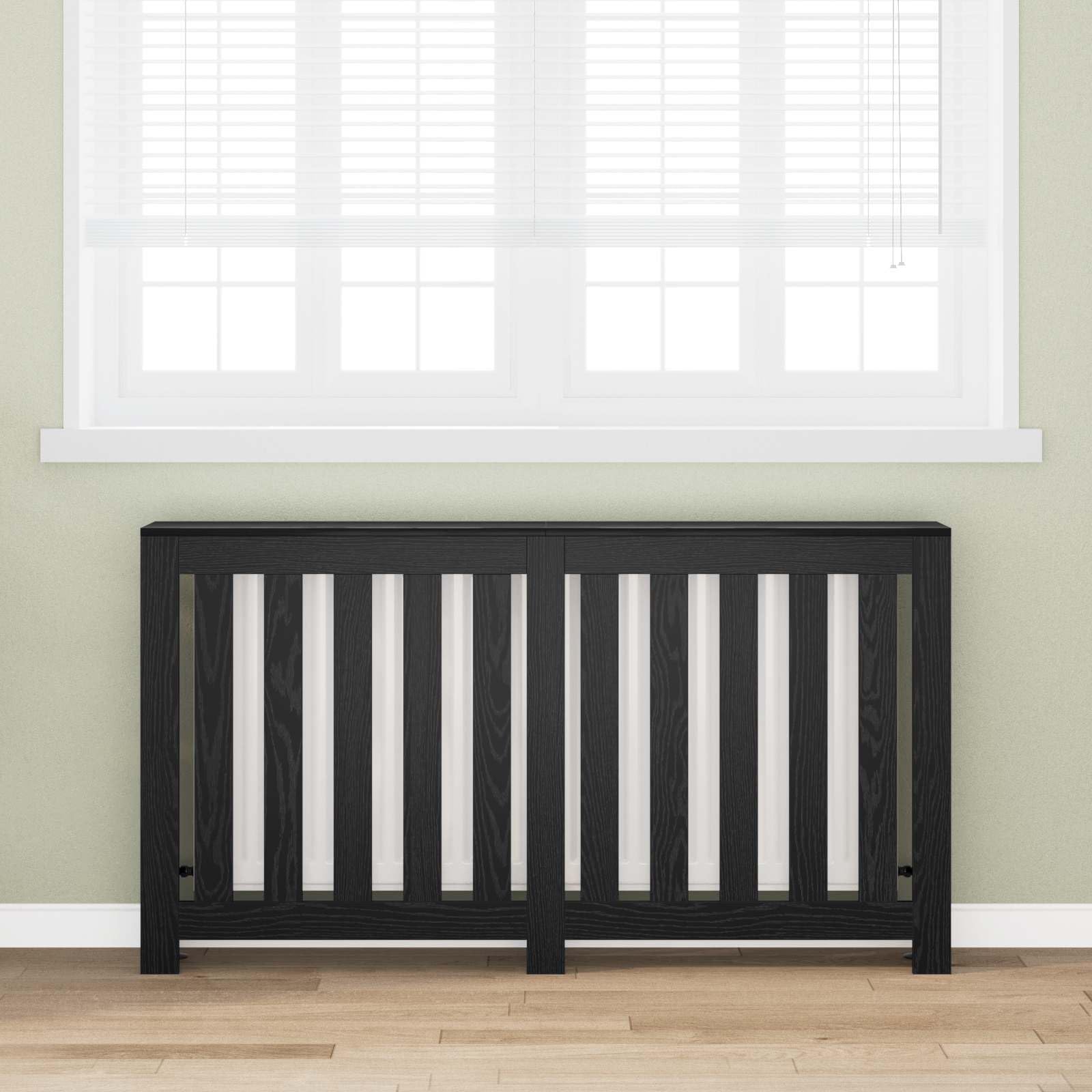 Cubierta para radiador de madera de roble negro, 149 x 20 x 82 cm, con diseño de listones verticales, protección para salón, baño, dormitorio