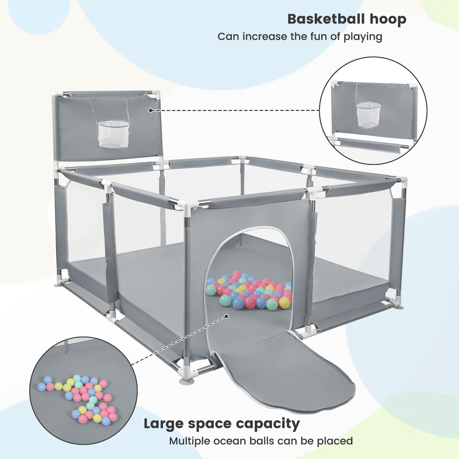 Baby Park, modułowy, duży park dla małych dzieci, aktywność dla dzieci z piłką, modułowa, składana, duży park dla maluchów z zamkiem błyskawicznym - 126 x 126 x 66 cm-ciemnoszary