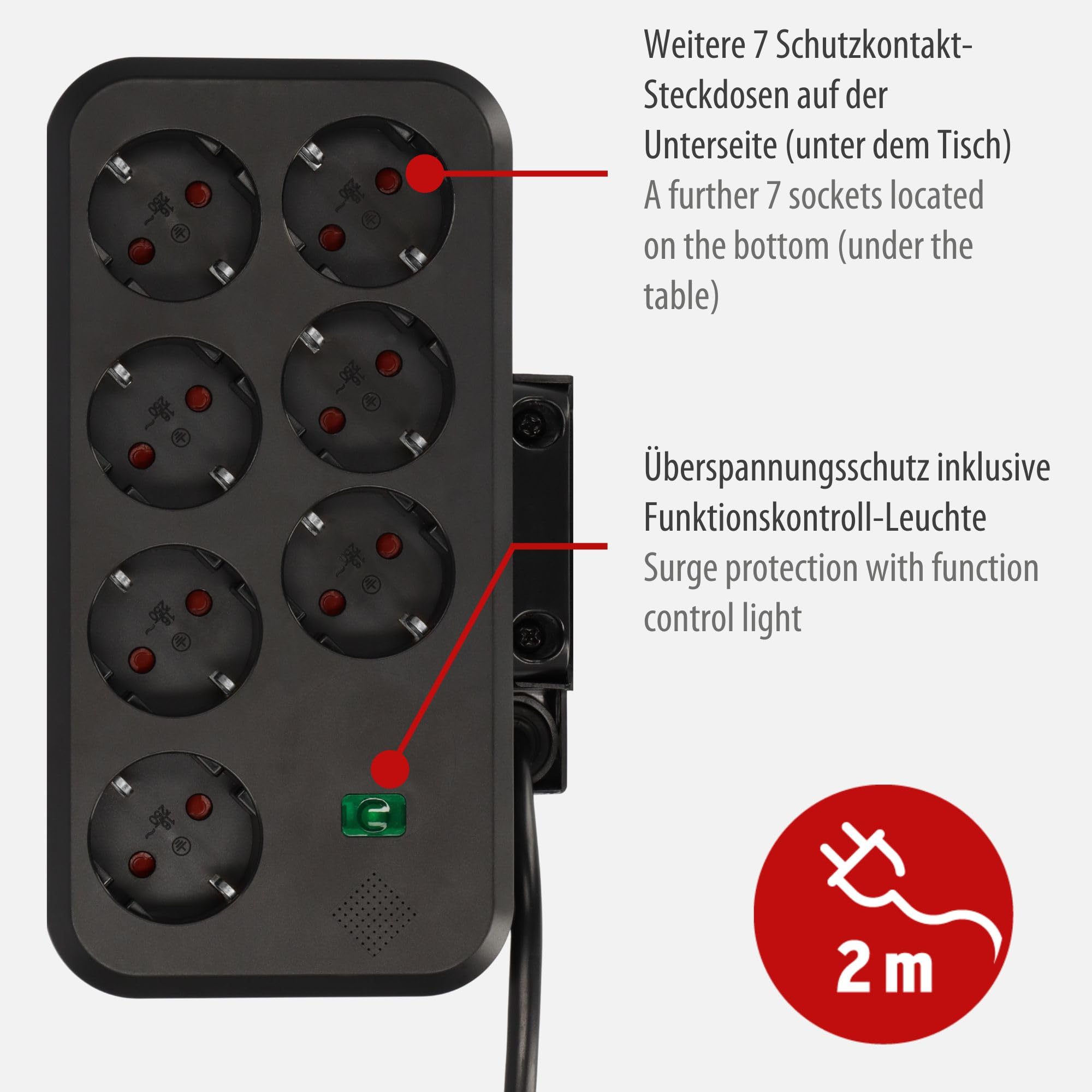 Brennenstuhl estilo Duplex Tischsteckdosenleiste 2m, mit Überspannungsschutz, 2x Keystone Module, 9x