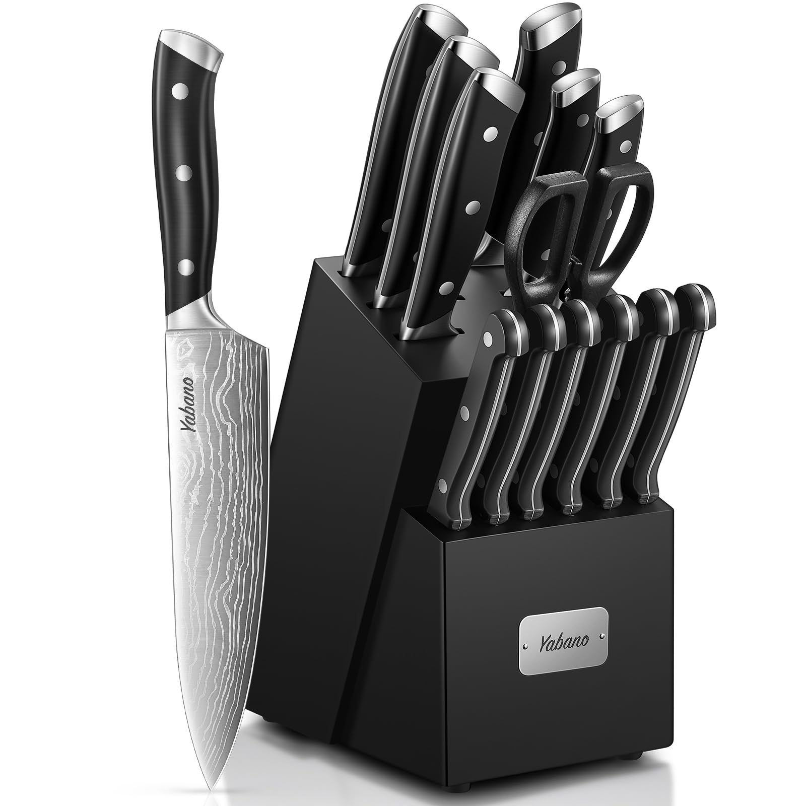 Yabano Messerblock Set, 14-teilig Küchenmesserset Edelstahl, Messer Set mit Block und integriertem Messerschärfer, geschmiedete ABS-Griffe