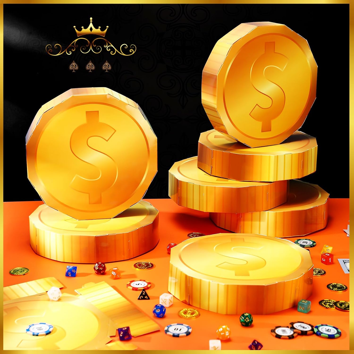 Honoson 24 Pcs Casino Theme Party Decorations 9 Inch Large Gold Coin Favor Boxes Giant Gold Coin Table Centerpiece for Game Night Ball Party Supplies