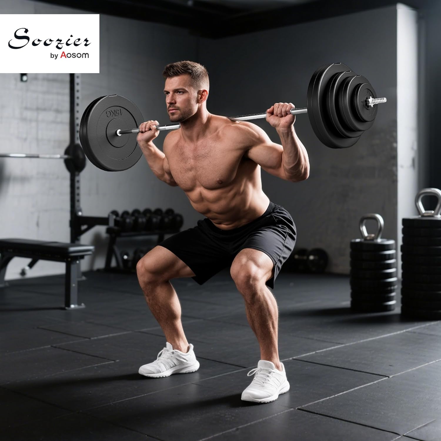Man performing a barbell squat in a gym