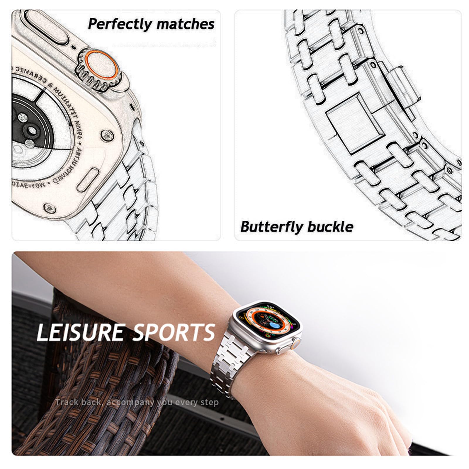 Pasek kompatybilny z Apple Watch 49 mm, 45 mm, 44 mm, 42 mm, 41 mm, 40 mm, 38 mm, ulepszony, metalowy składany pasek ze stali nierdzewnej do iWatch Ultra 1, 2, serii 9, 8, 7, 6, SE, 5, 4, 3,