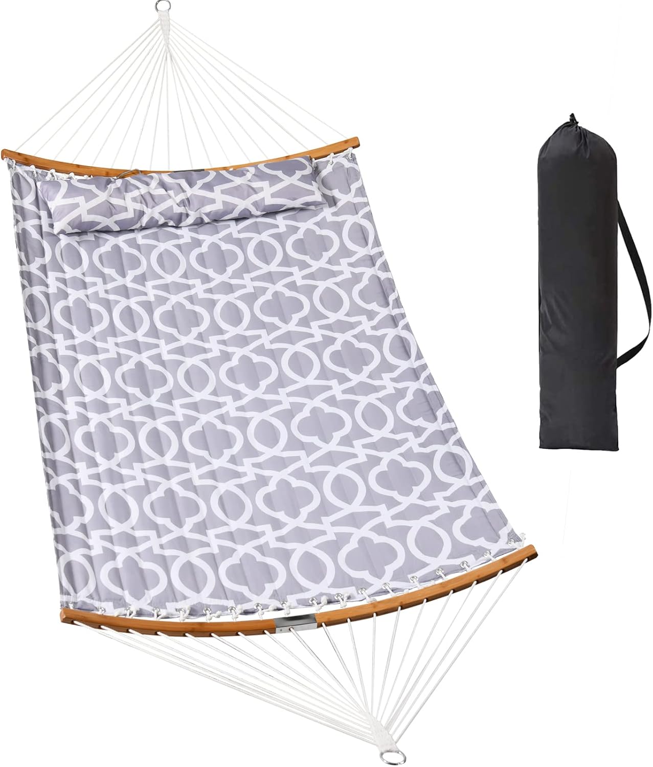 HENG FENG 11FT Quilted Fabric Double Hammock with Bamboo Spreader Bar,2 Person Hammock for Indoor Outdoor,Max 475lbs Capacity,Grey