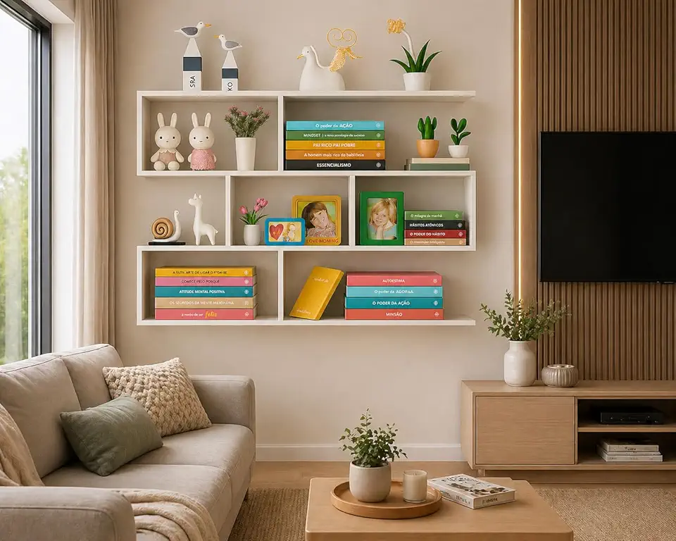 Prateleira Flutuante 70x67cm de Parede Branca, Design Modular com Compartimentos, Organizador para Livros e Decoração Quadros Fotos Nicho MDF Original