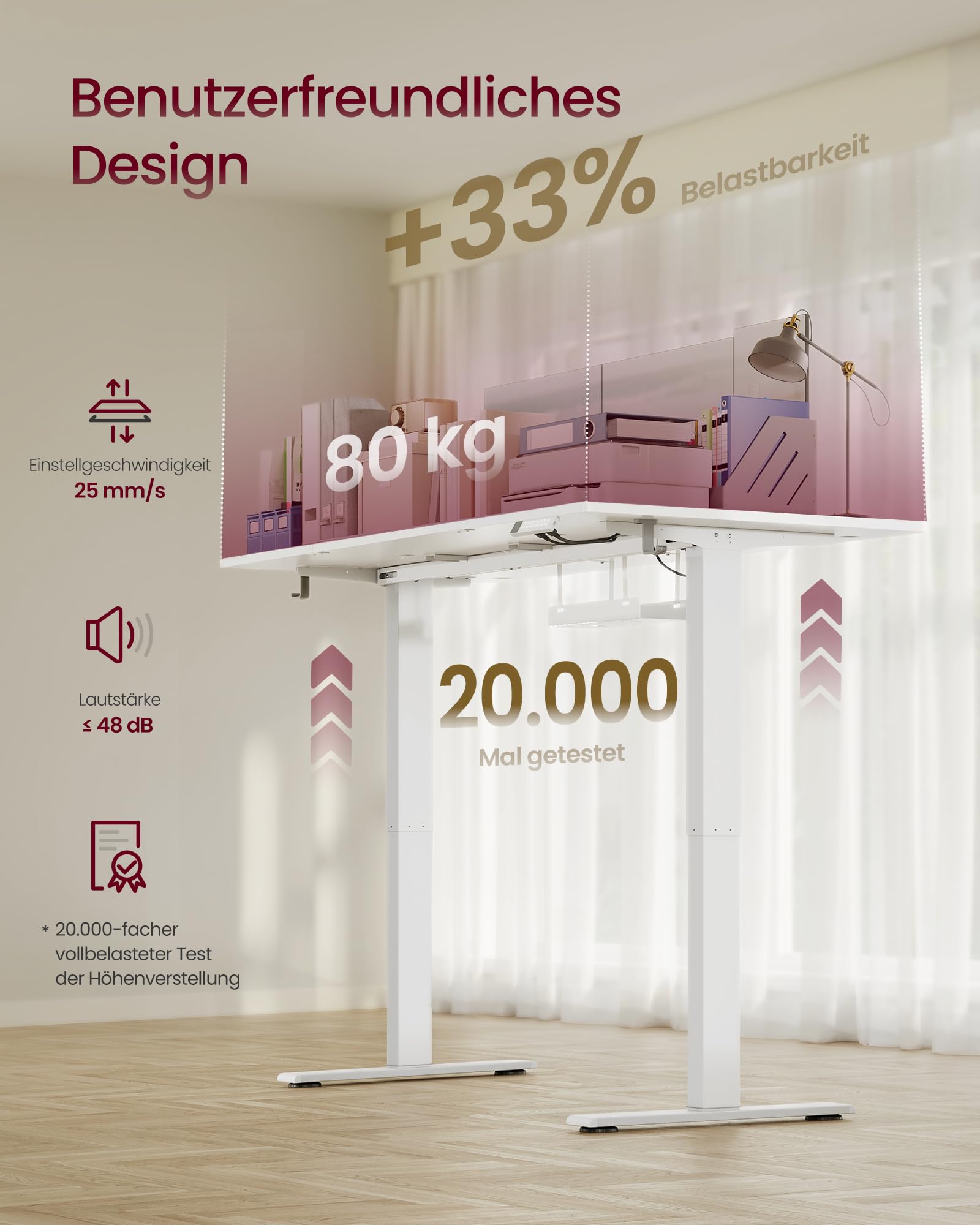 VASAGLE Höhenverstellbarer Schreibtisch, 140 x 80 cm, USB-C-Anschluss, Ablage für Steckdosenleiste, Stehtisch, Erinnerung bei langem Sitzen, 3 Speichertasten, für Büro, mattweiß LSD144WZ02
