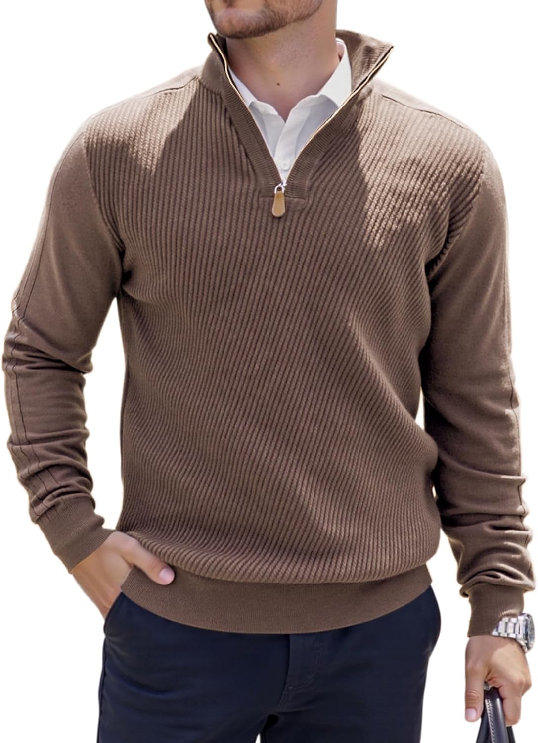 Mens Quarter Zip Pullover Sweater Slim Fit Long Sleeve Knit Lightweight Mock Neck Casual Polo Sweater