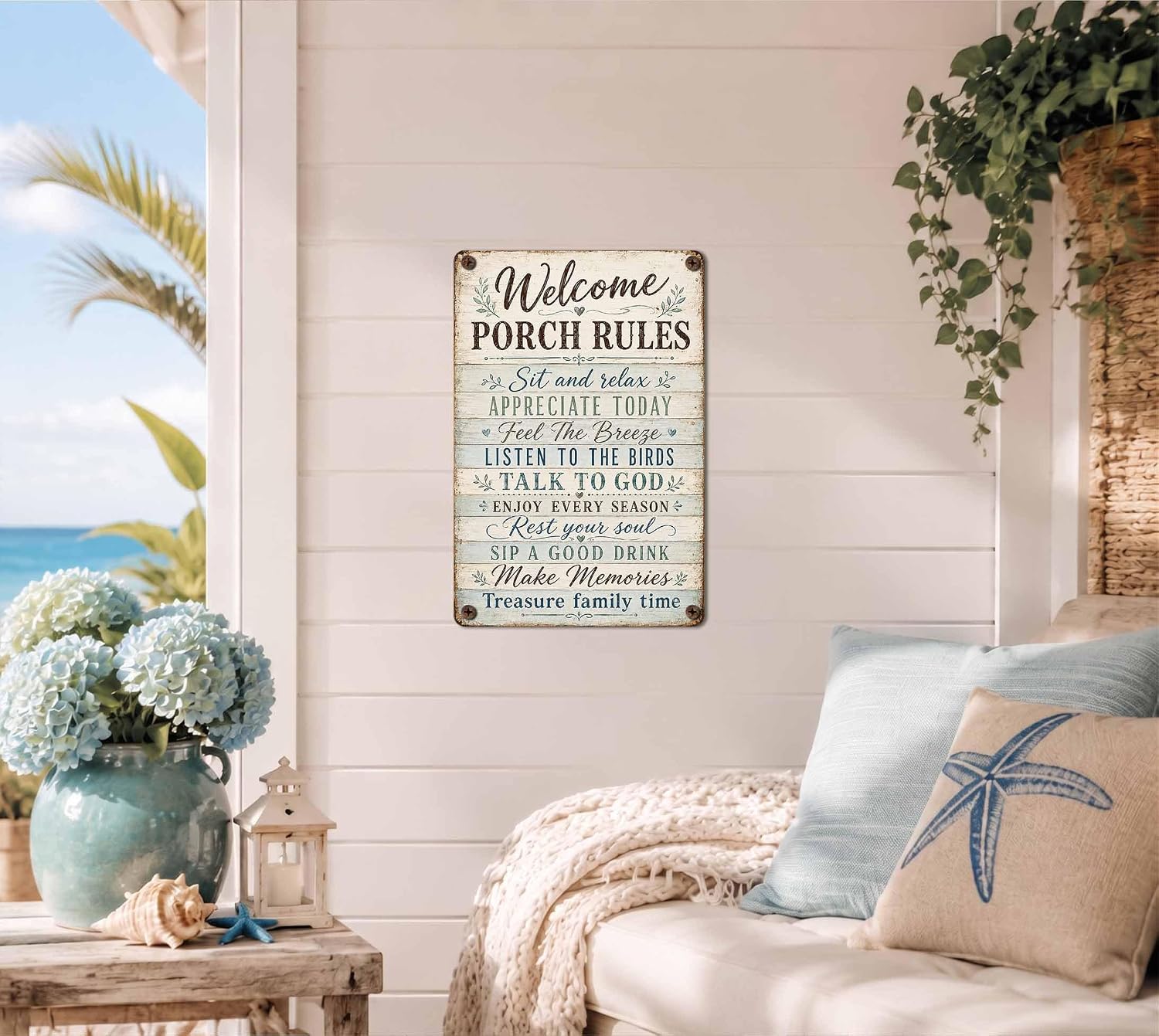 Rustic Porch Rules Metal Sign, Welcome Wall Decor 8"x12"