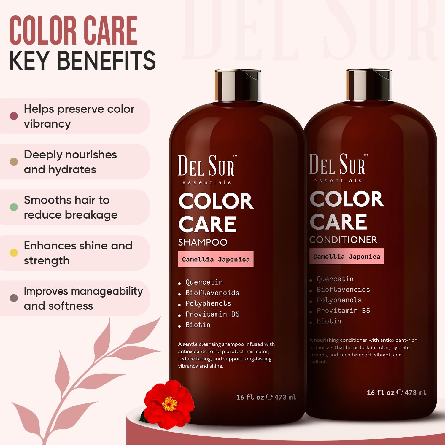DEL SUR Color Safe Shampoo and Conditioner Set | 16 fl oz Each | with Camellia Japonica, Quercetin & Biotin | Color Protecting, Hydrating & Anti Frizz Care for Color Treated Hair - Image 2
