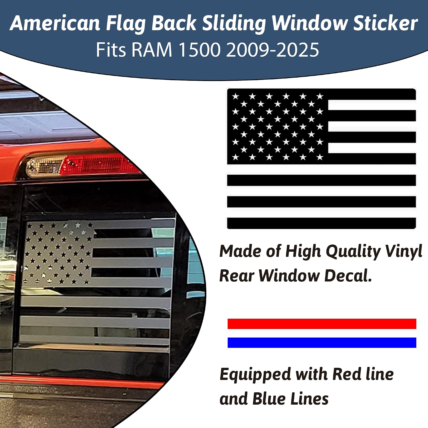 Rear Back Middle Window Decal Fits Ram 1500 2500 3500 2009-2025 Matte Black American Flag Vinyl Sticker(Equipped with Red and Blue Lines)
