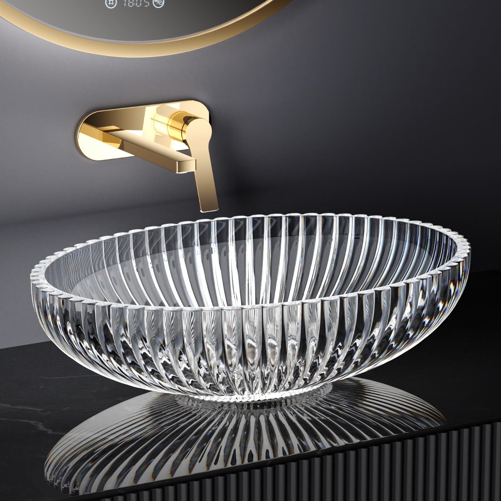 EMKE Lavabo da appoggio in vetro ovale, lavabo in vetro trasparente, 51 x 35 x 15 cm, di alta qualità per bagno e WC degli ospiti, lavabo senza foro per rubinetto