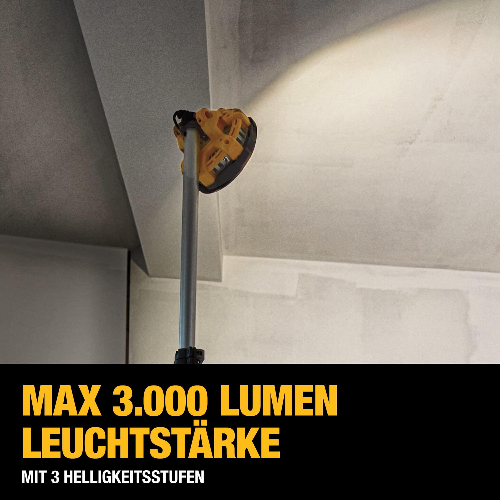 DEWALT LED Akku-Baustellenstrahler (18 Volt XR ausziehbar bis 2.20 m, extrem leistungsstark, dreistufige Lichtstärkeneinstellung, dreh- und neigbar, Lieferung ohne Akku & Ladegerät) DCL079